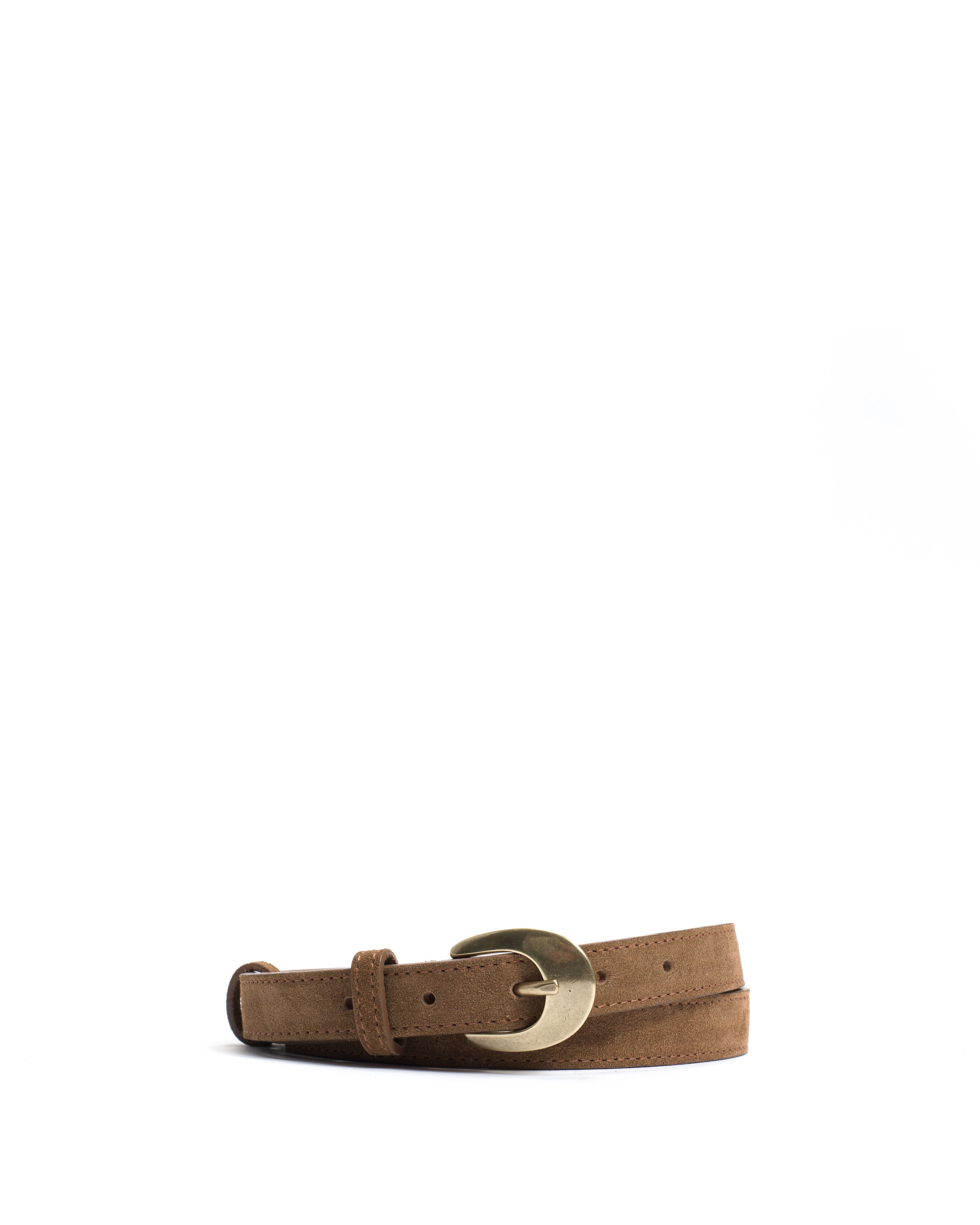 Aris unisex leather belt Calf suede & metal Cinnamon & gold buckle