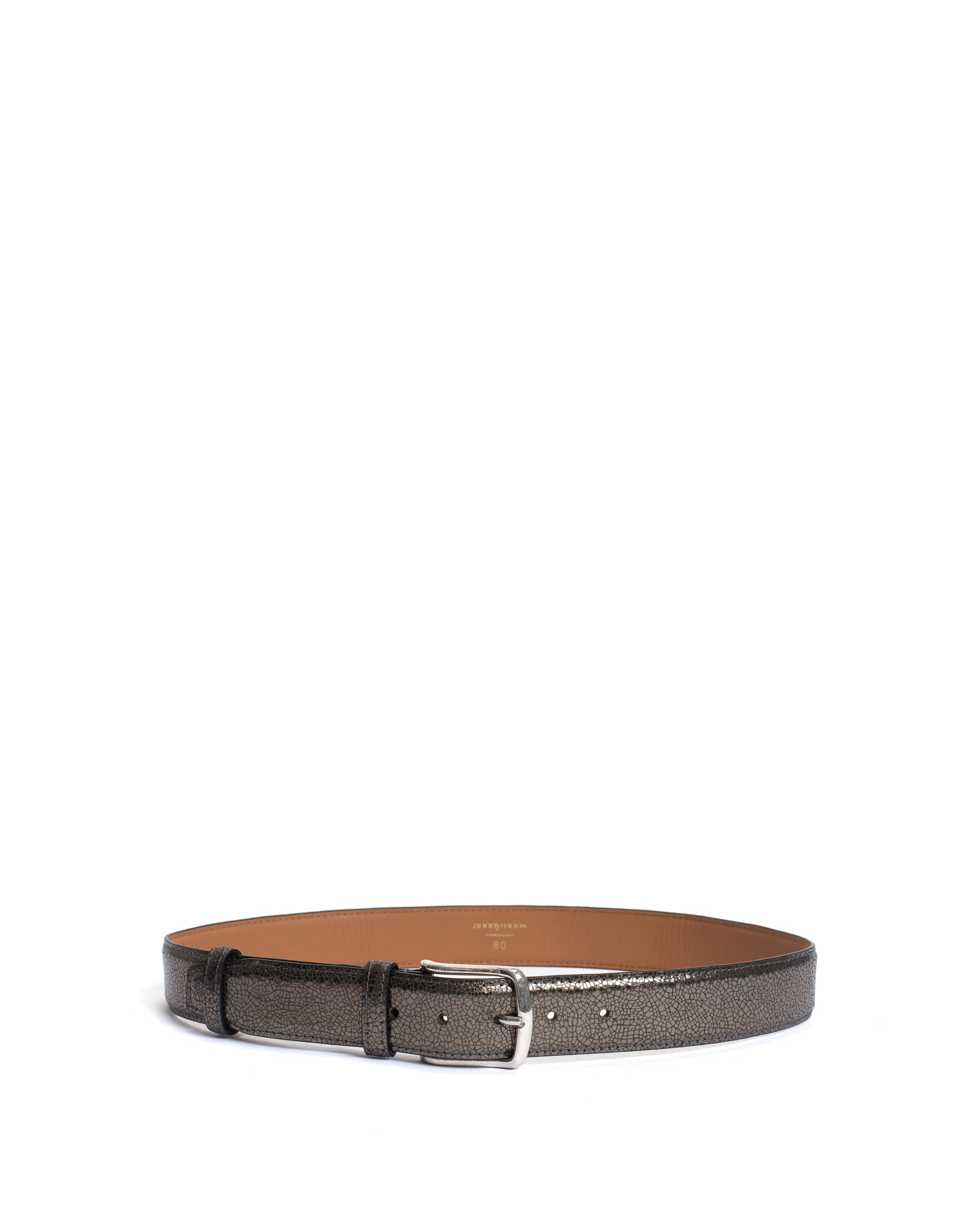 Quinn classic unisex leather belt Crackled metallic goat Platinum & silver buckle - Anonymous Copenhagen