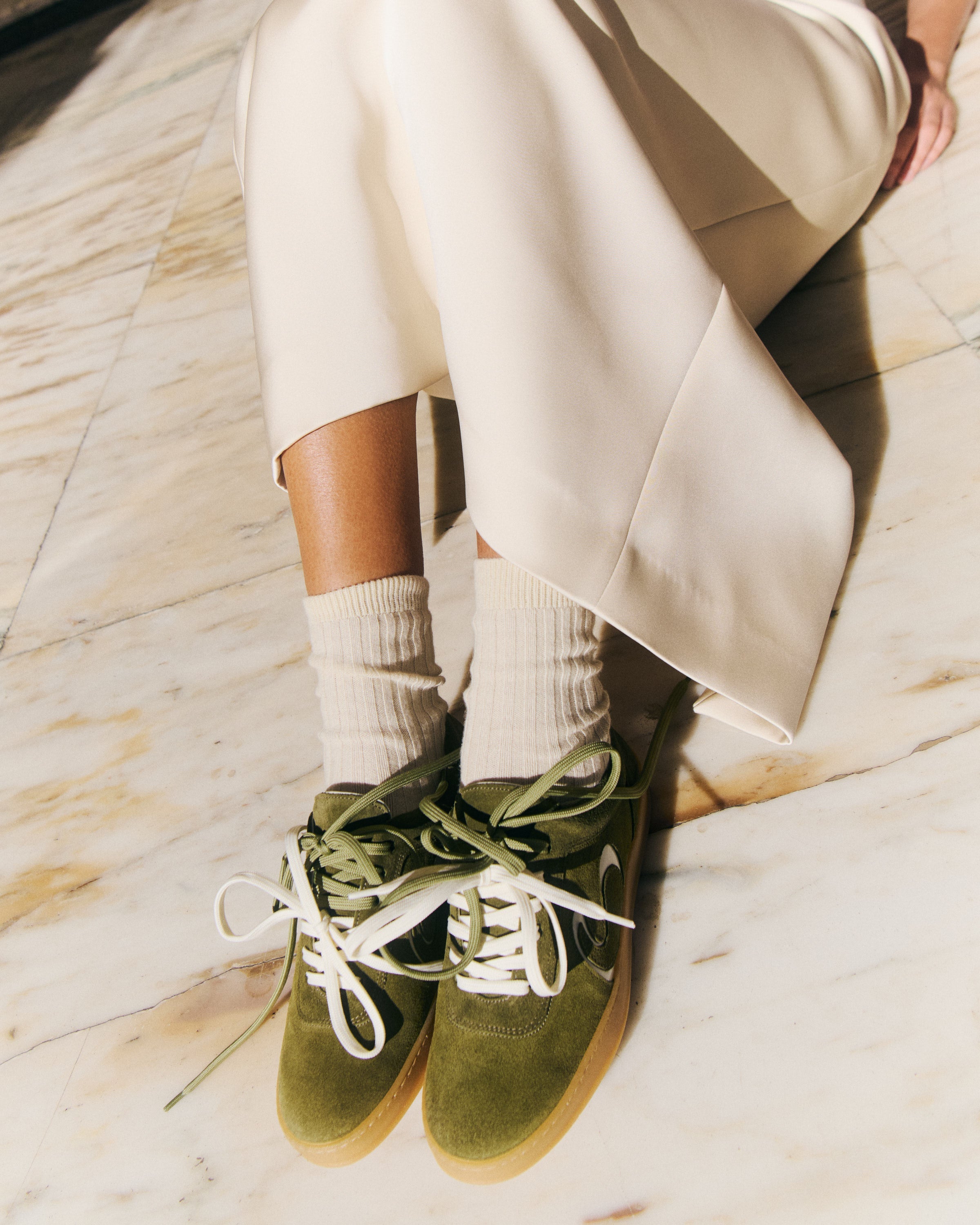 Blaire Calf suede & polished soft calf Olive green & white sand