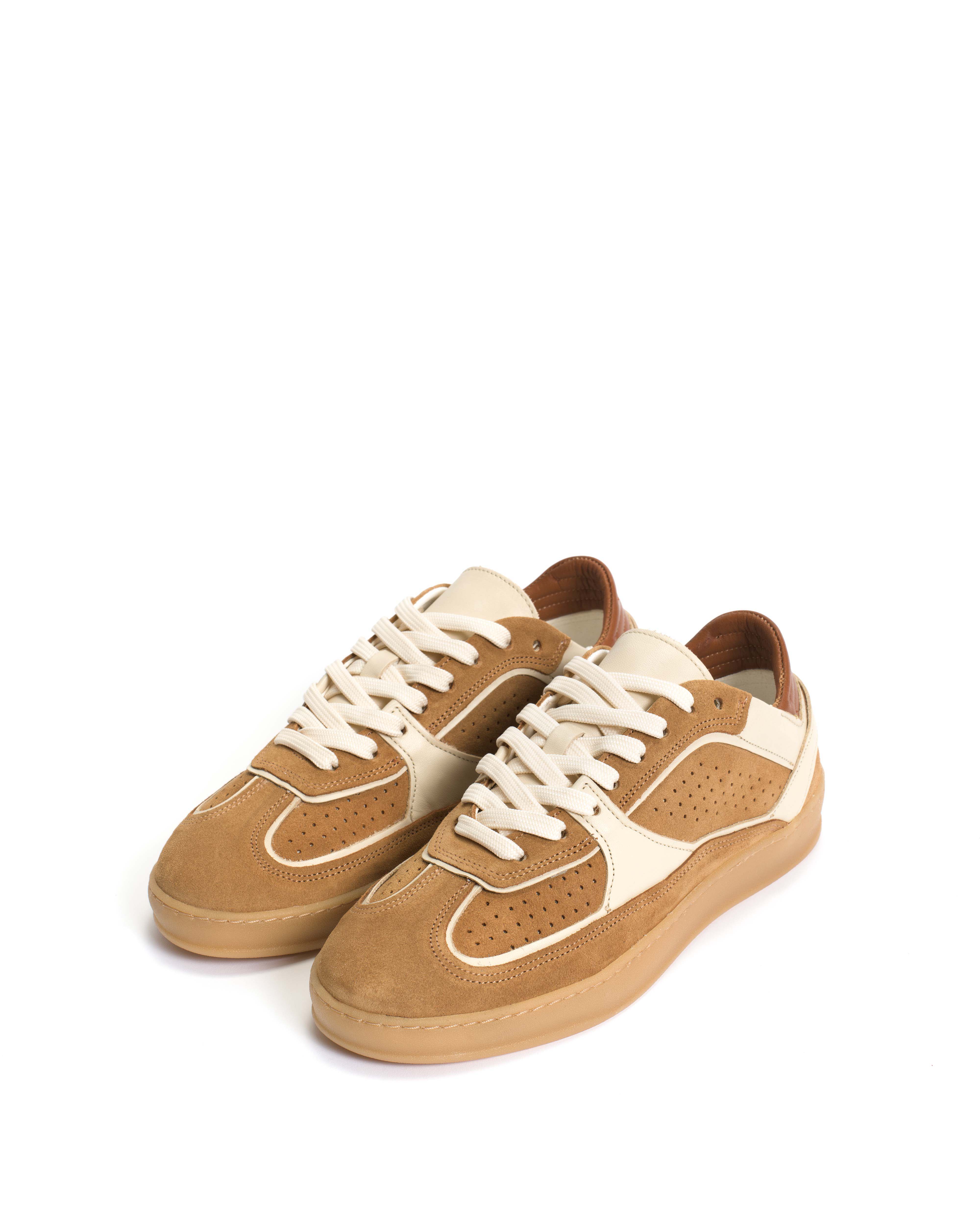 Dabbie Calf suede & soft calf dual & tri color Bamboo brown & white sand & camel