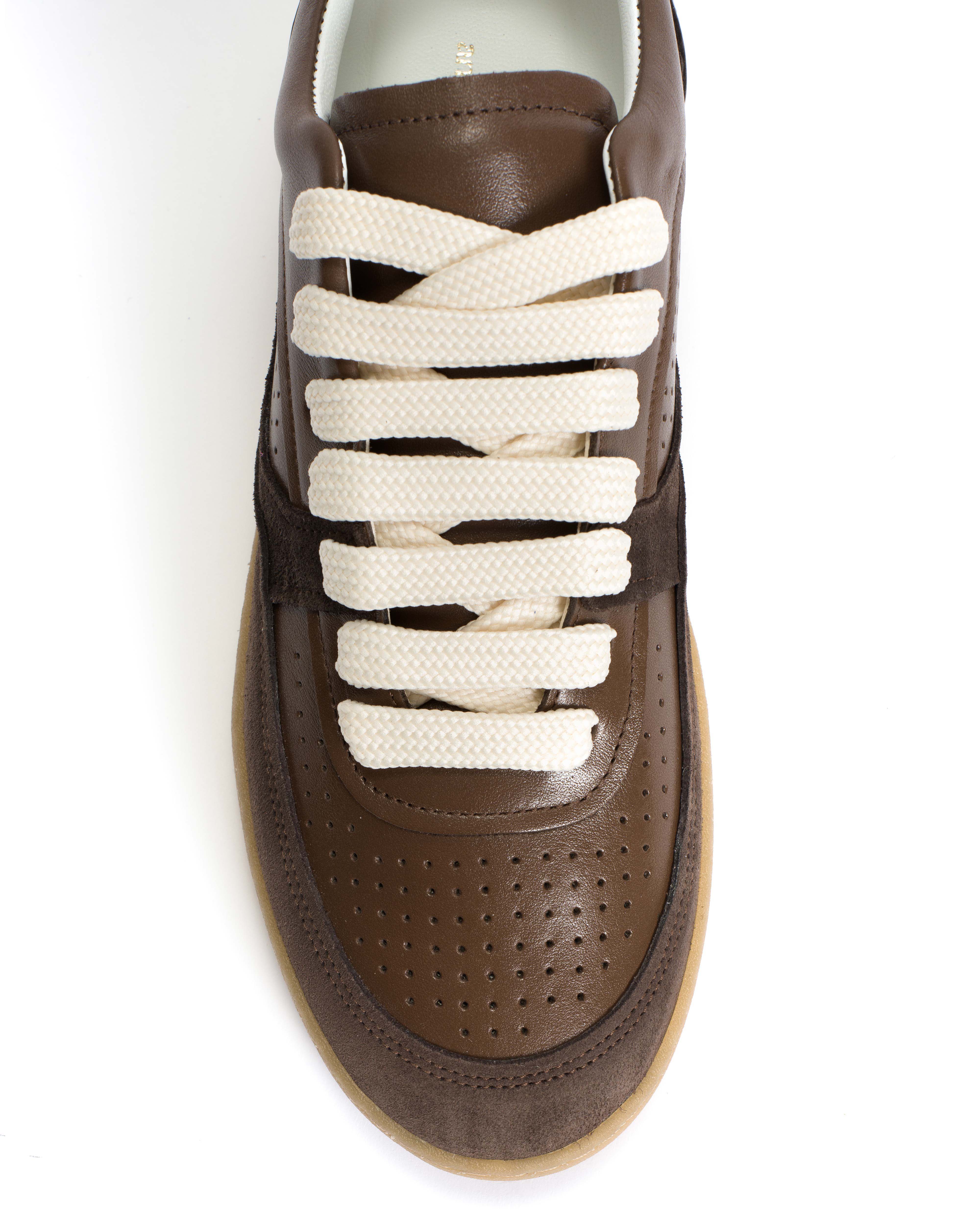 Elevate Calf suede & sleek leather Dark taupe & coffee brown