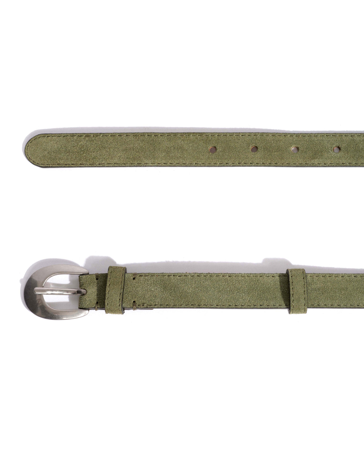 Aris unisex leather belt Calf suede & metal Olive green & silver buckle