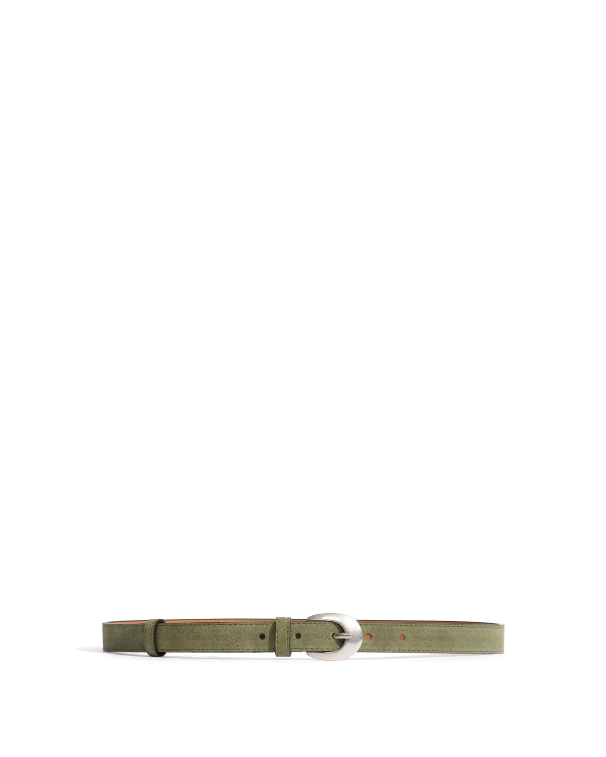 Aris unisex leather belt Calf suede & metal Olive green & silver buckle