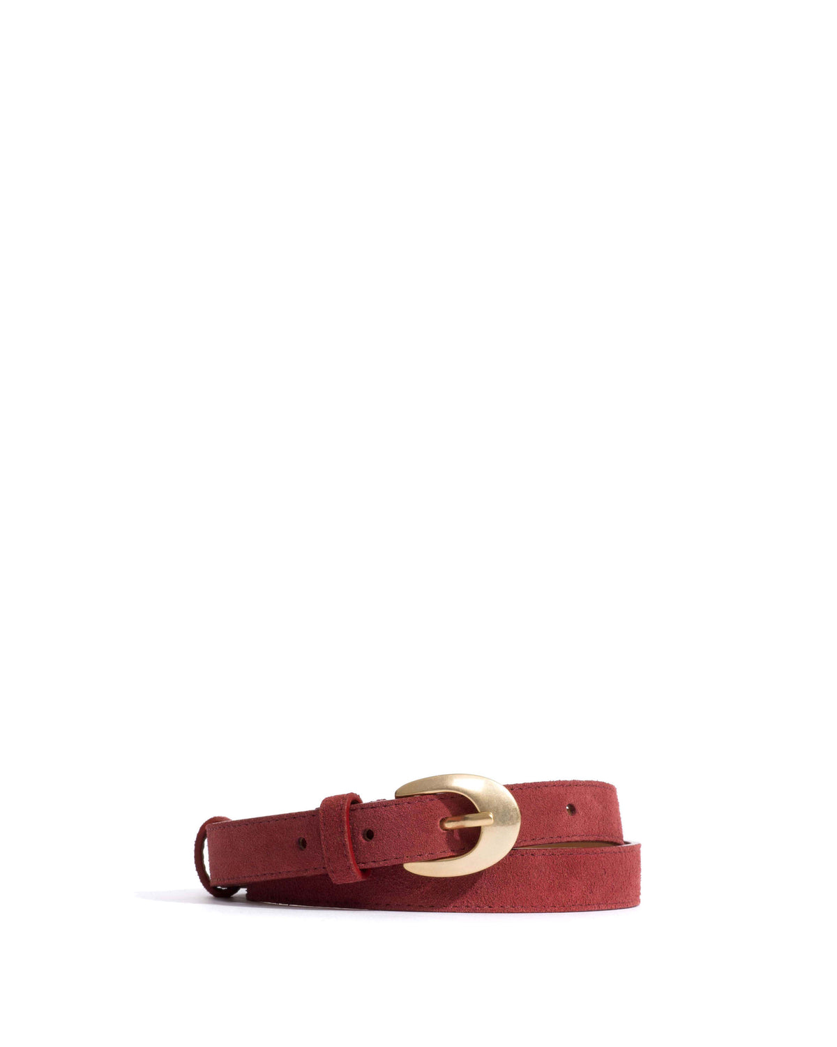 Aris unisex leather belt Calf suede & metal Pomegranate & gold buckle
