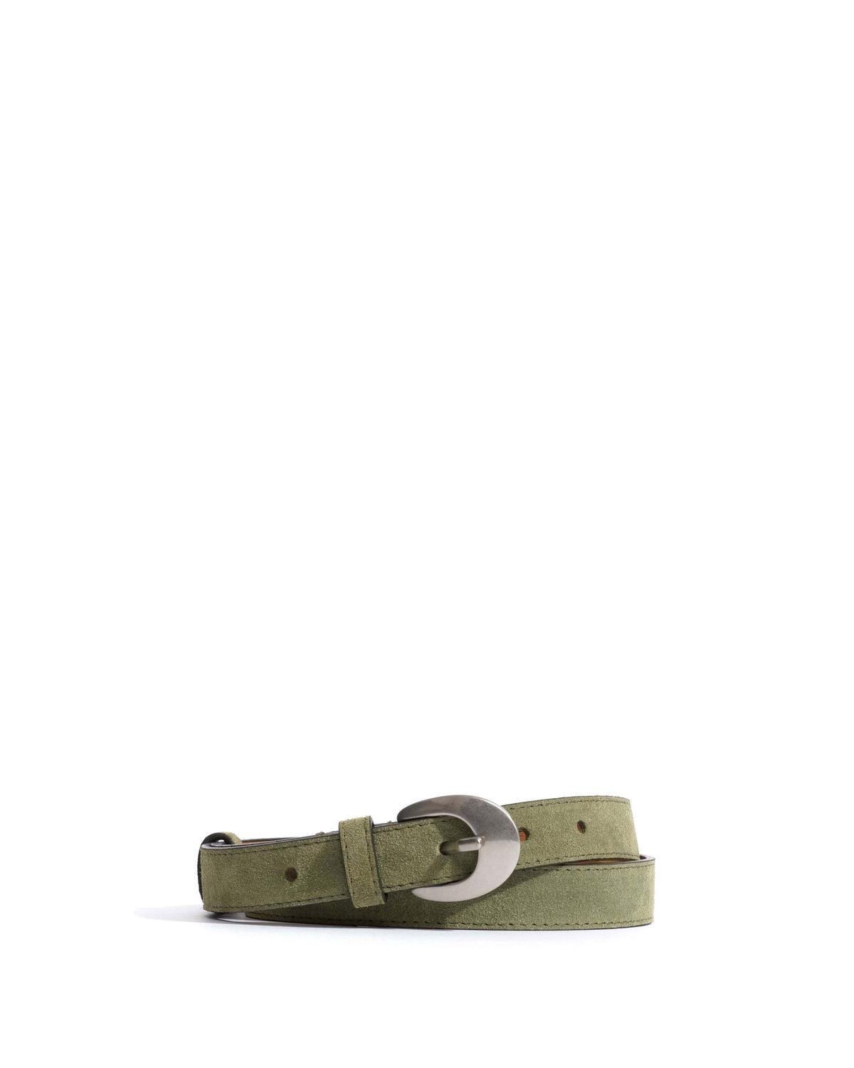 Aris unisex leather belt Calf suede & metal Olive green & silver buckle