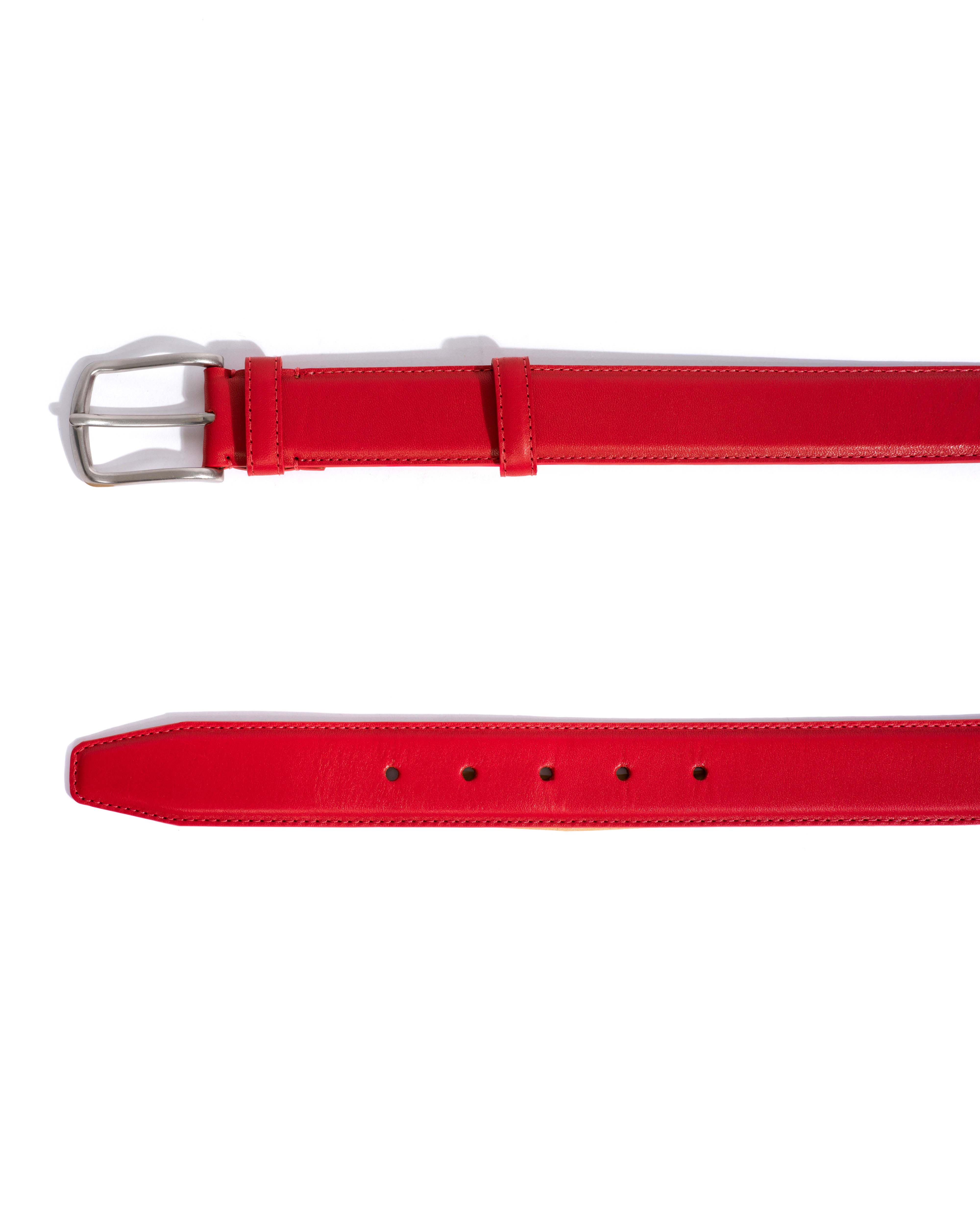 Quinn classic unisex leather belt Soft calf & metal Ruby red & silver buckle
