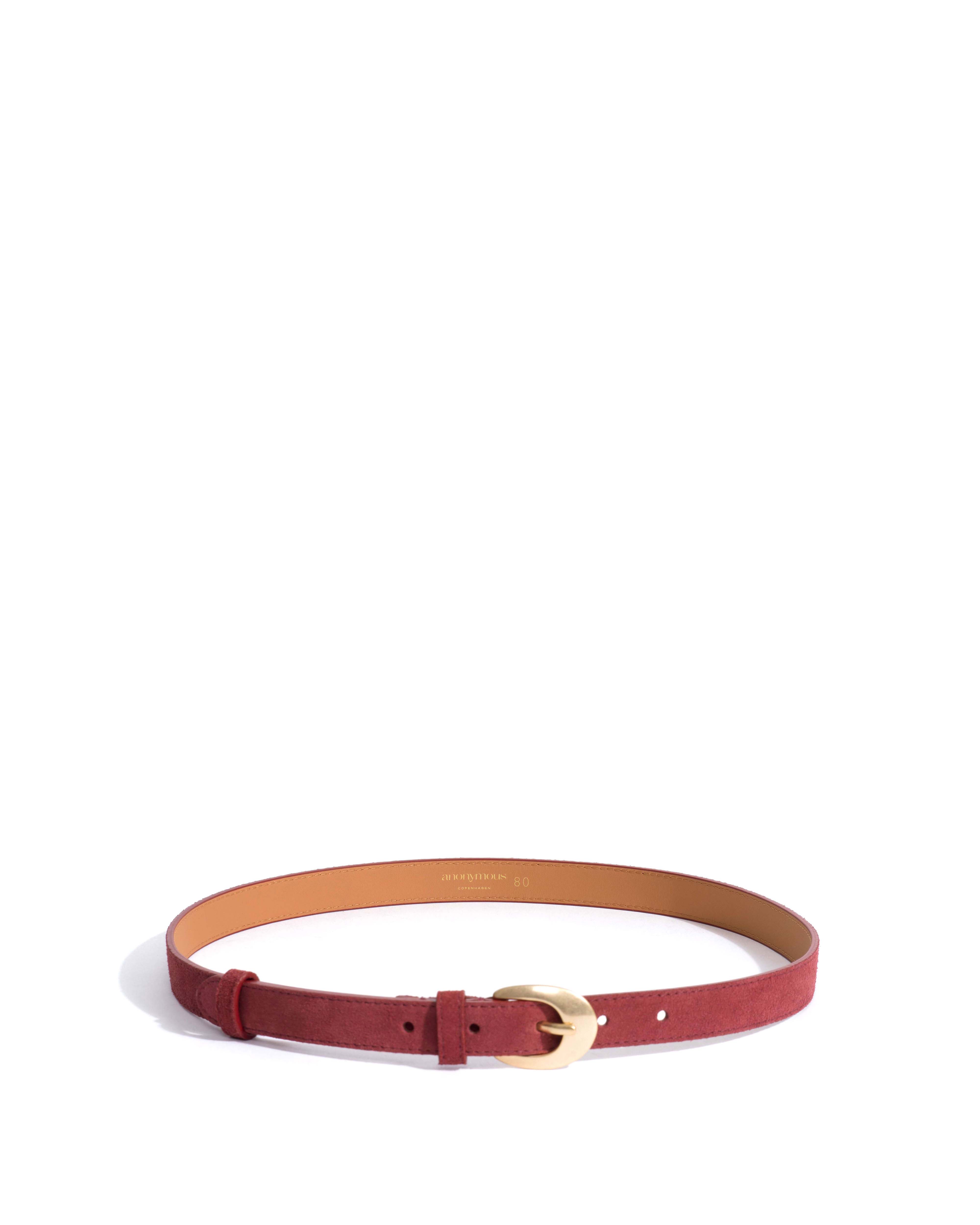 Aris unisex leather belt Calf suede & metal Pomegranate & gold buckle
