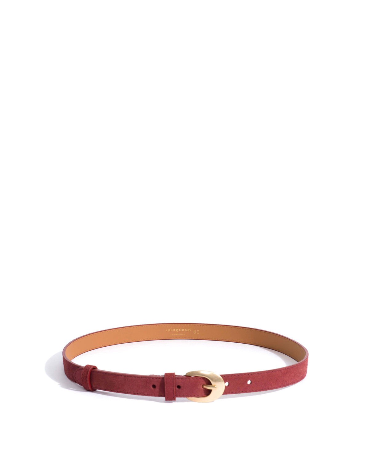 Aris unisex leather belt Calf suede & metal Pomegranate & gold buckle
