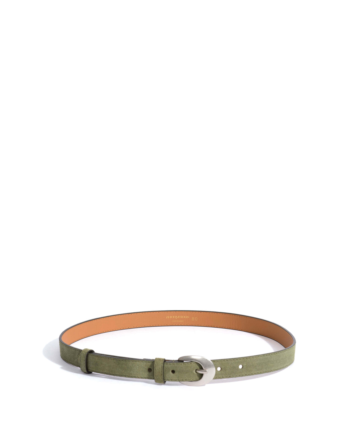 Aris unisex leather belt Calf suede & metal Olive green & silver buckle