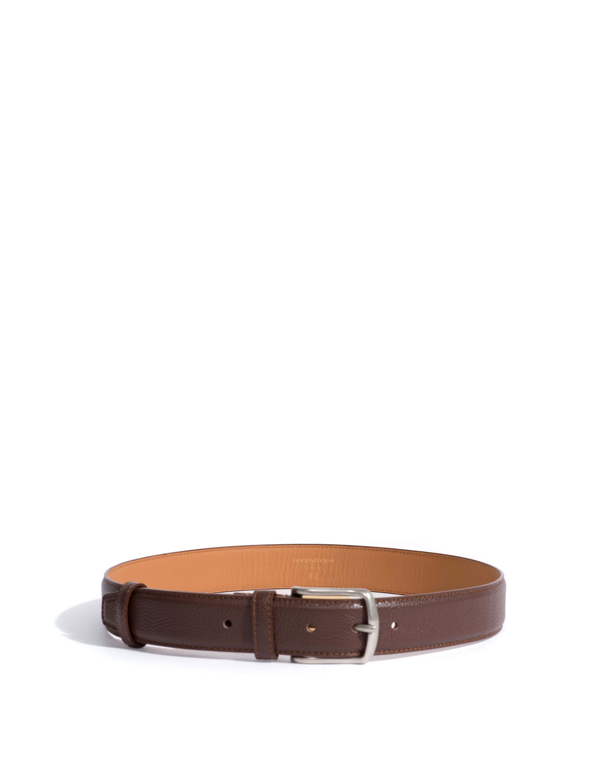 Quinn classic unisex leather belt Pebbled soft calf & metal Coffee brown & silver buckle - Anonymous Copenhagen Belts
